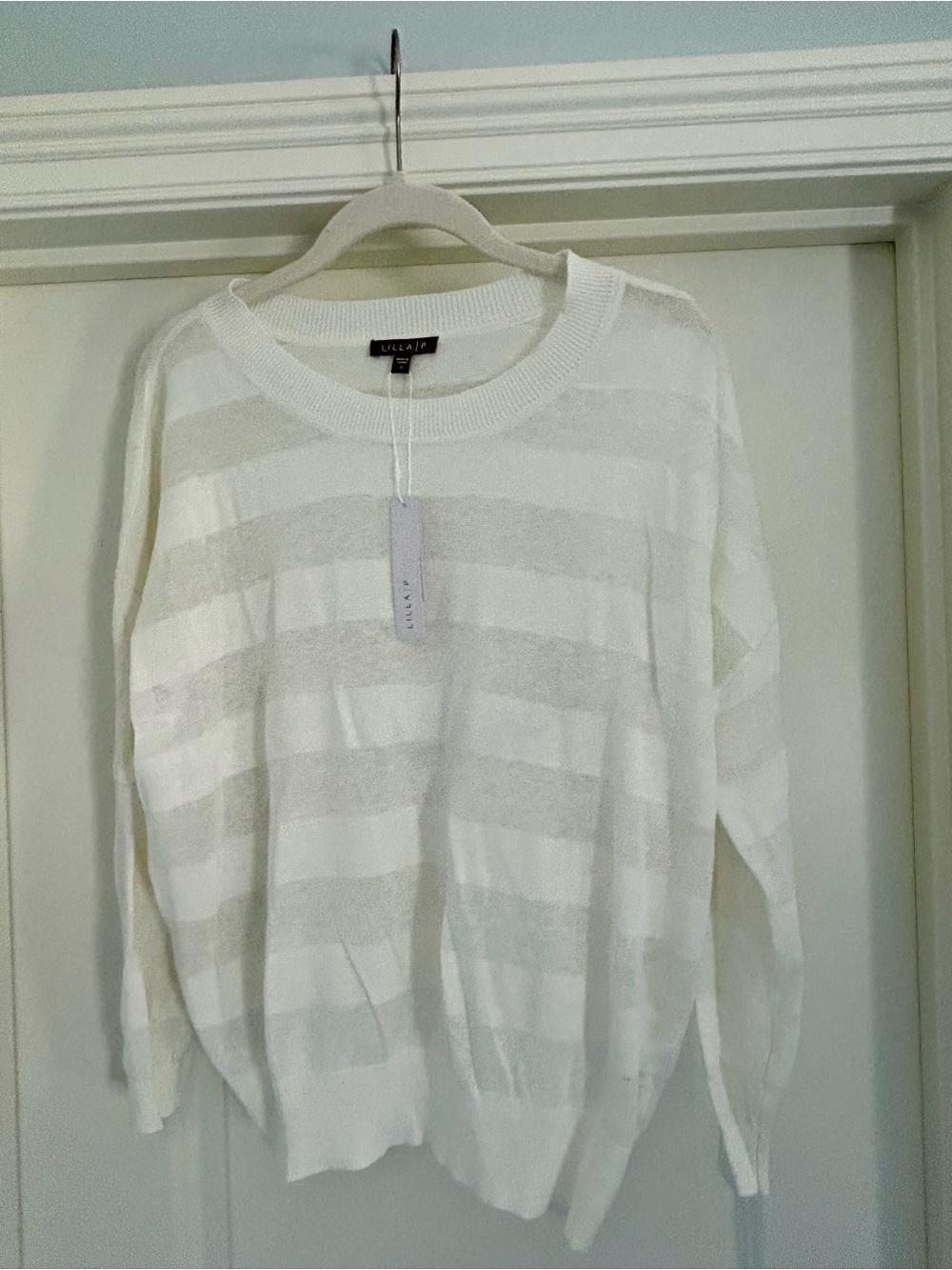 Lilla P White Sheer-Striped Lightweight Crew Sweater